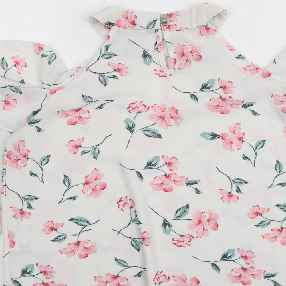 Select Womens White Floral Polyester Basic Blouse Size 10 Round Neck - Cold Shoulder