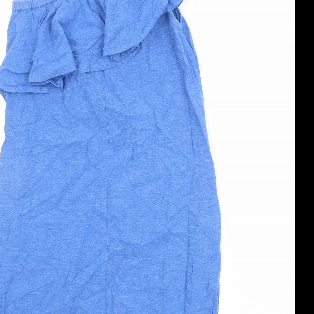 Warehouse Womens Blue Cotton Mini Size 10 Off the Shoulder Zip - Asymmetric Neckline