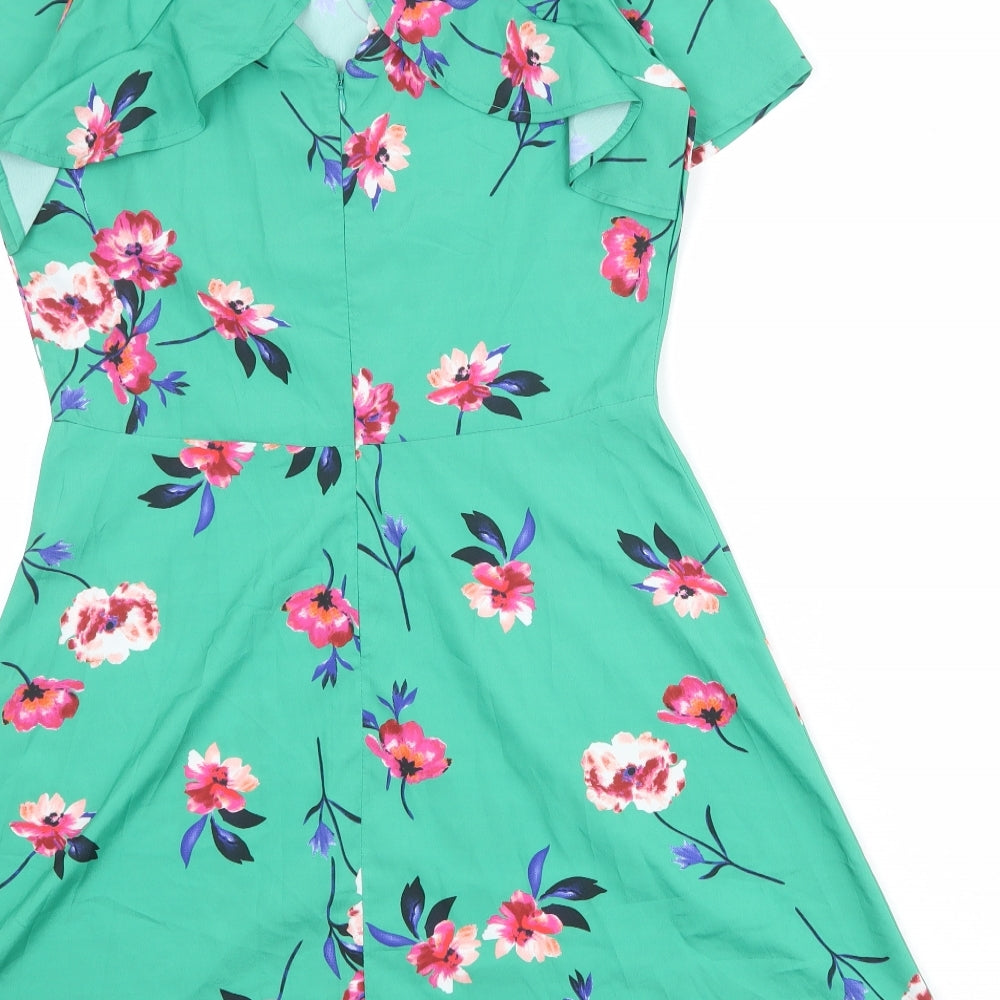 PRETTYLITTLETHING Womens Green Floral Polyester A-Line Size 10 Round Neck Zip