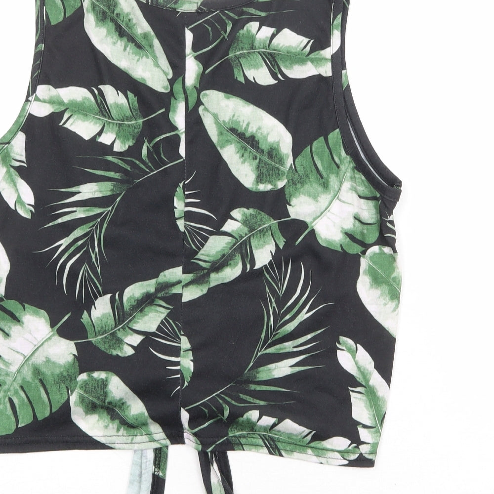 Select Womens Black Geometric Polyester Cropped Tank Size M Round Neck - Leaf Print Knot Front