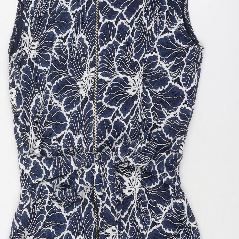 Blue Vanilla Womens Blue Floral Nylon Shift Size 12 Round Neck Zip