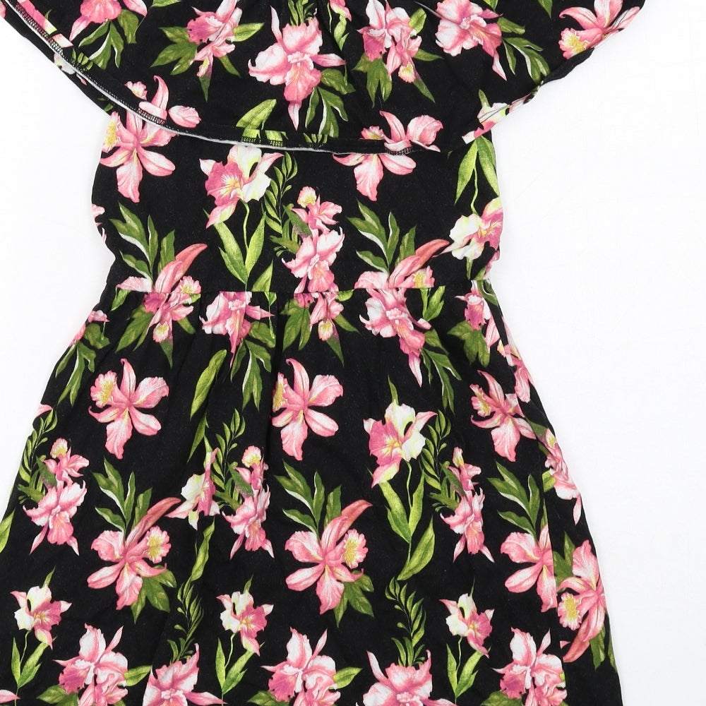 ASOS Womens Black Floral Cotton Fit & Flare Size 8 Off the Shoulder Pullover