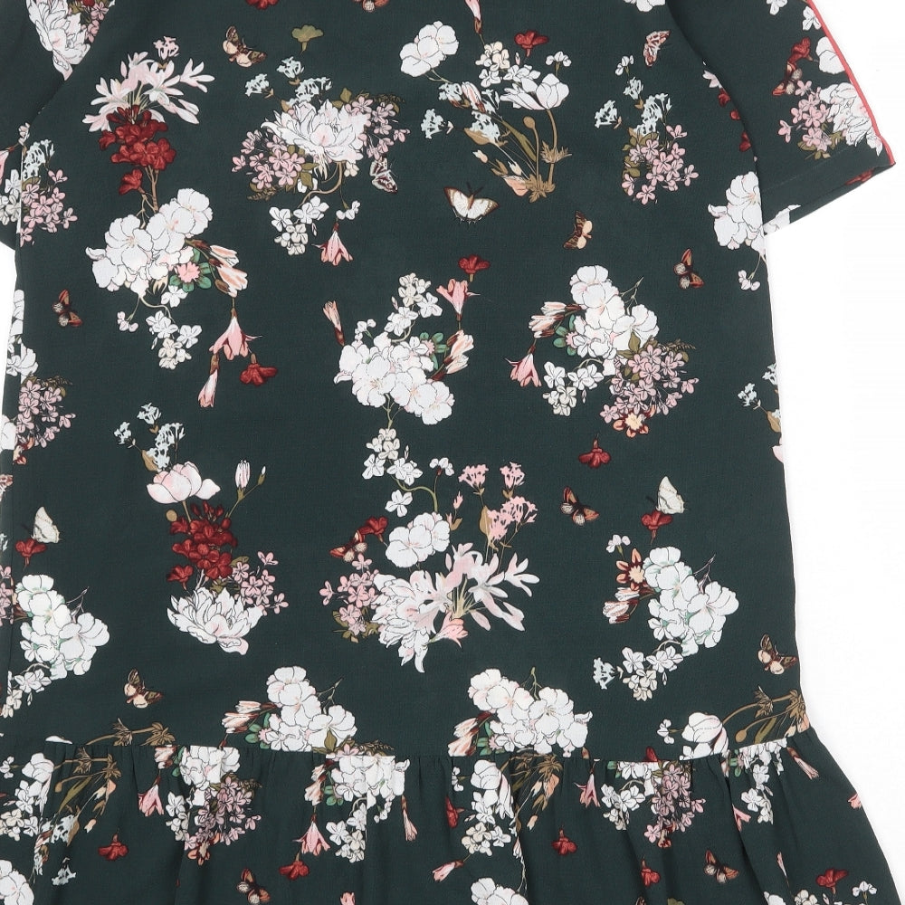 Brand and care label for Only women’s green floral polyester skater dress, size UK 8, round neck pullover