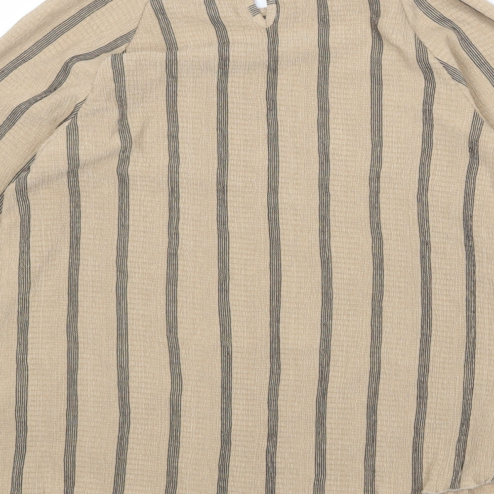 Marks & Spencer Womens Brown Striped Polyester Basic Blouse Size 6 Round Neck