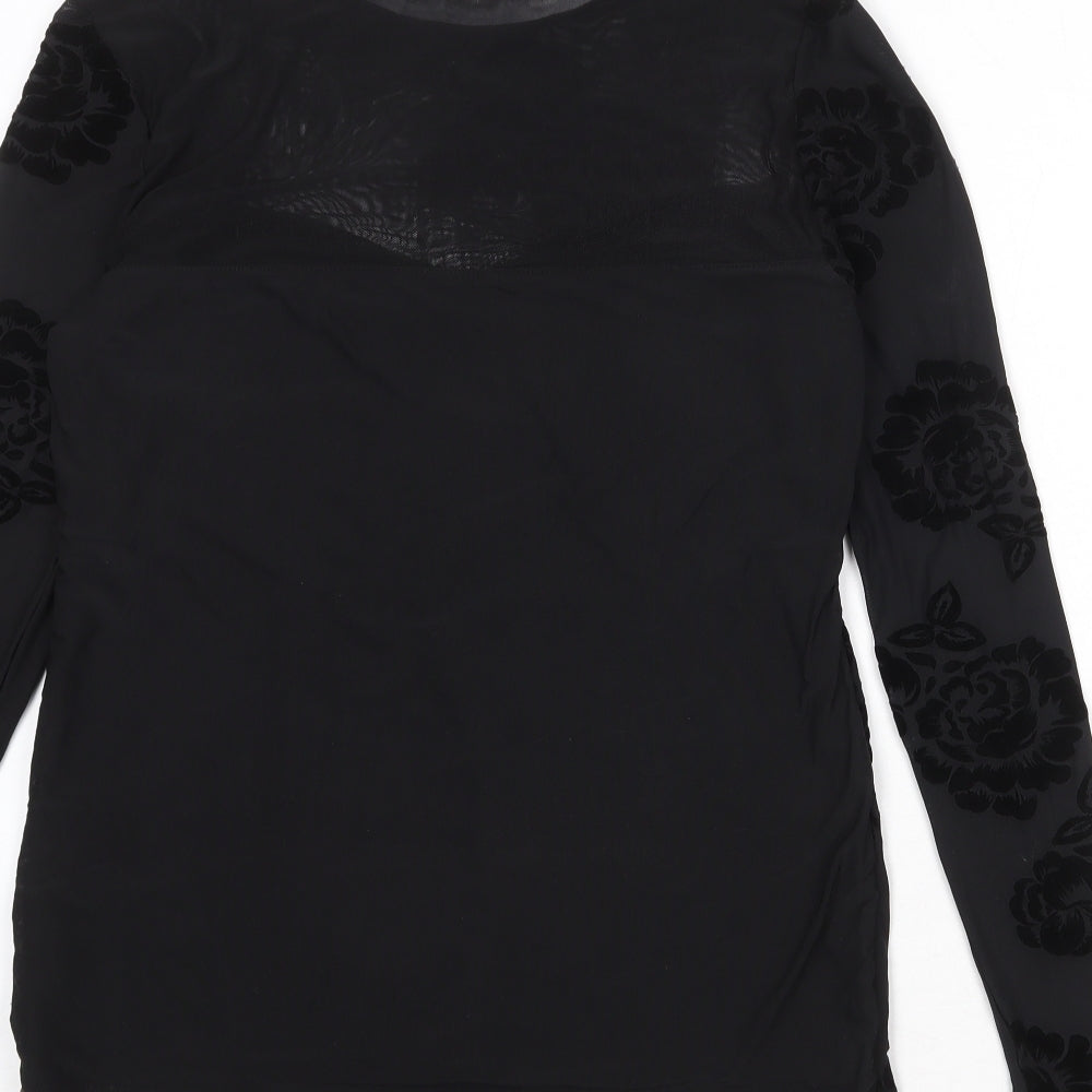 Dorothy Perkins Womens Black Floral Polyester Basic Blouse Size 14 Round Neck