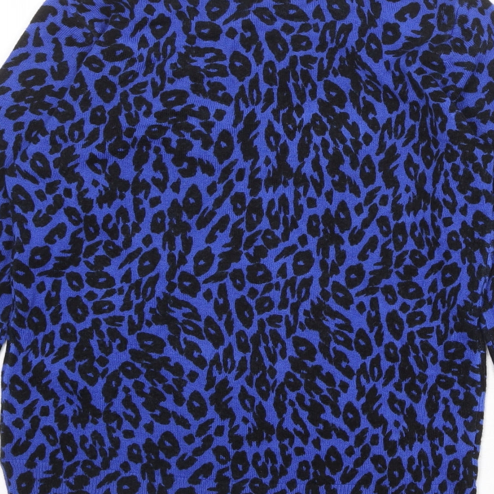 Marks & Spencer Womens Blue Round Neck Animal Print Acrylic Pullover Jumper Size 8 - Leopard Print