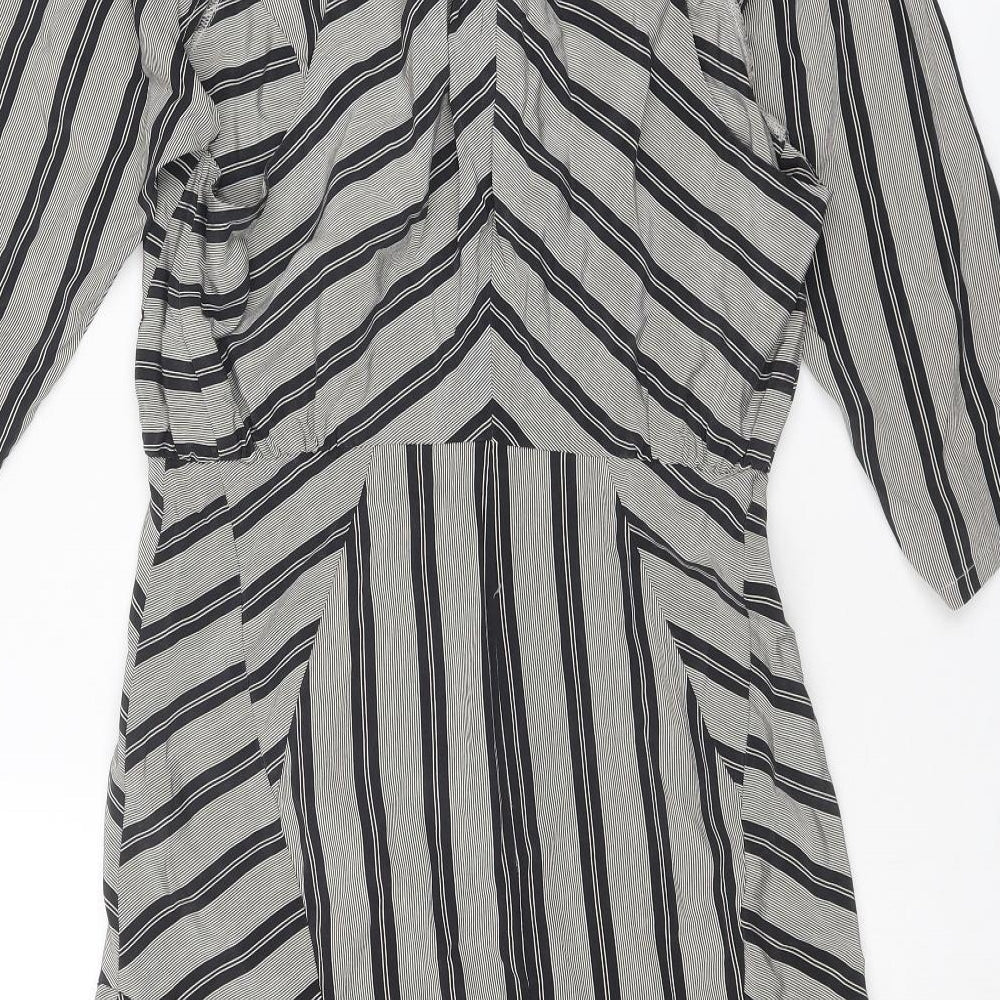 EVER Womens Black Striped Polyester Shift Size S V-Neck Zip