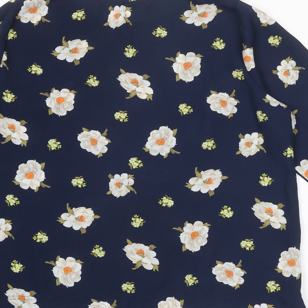 Blue Chameleon Womens Blue Floral Polyester Basic Blouse Size 14 Round Neck