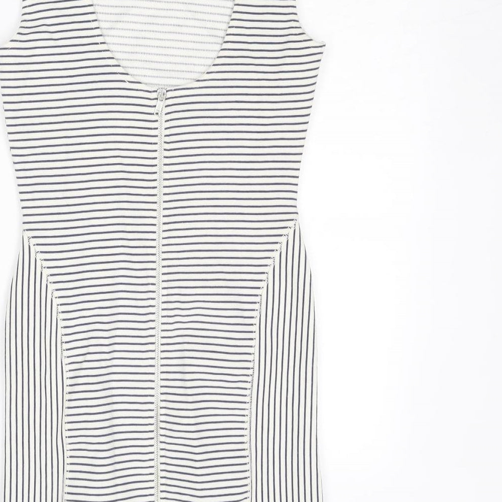 Mango Womens White Striped Cotton Shift Size S Round Neck Zip