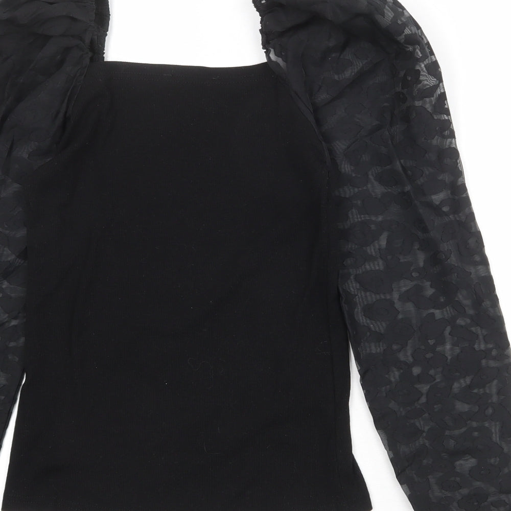 New Look Womens Black Animal Print Polyester Basic Blouse Size 10 Square Neck - Sheer Sleeves