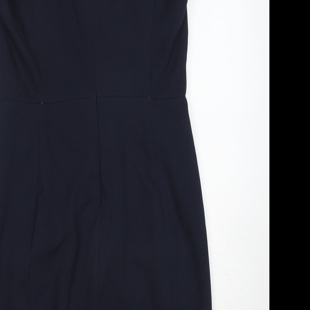 Mango Womens Blue Polyester Pencil Dress Size L V-Neck Zip - Cap Sleeve