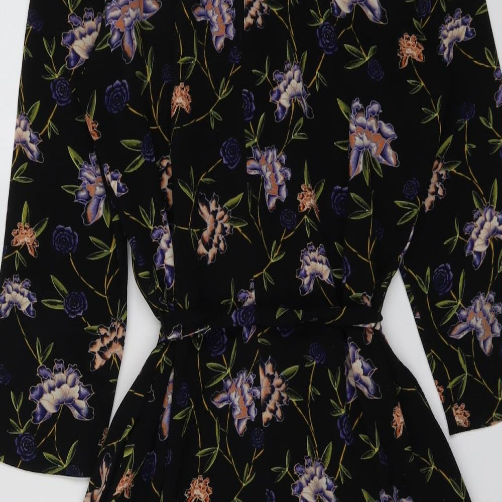 H&M Womens Black Floral Polyester A-Line Size 10 Round Neck Button