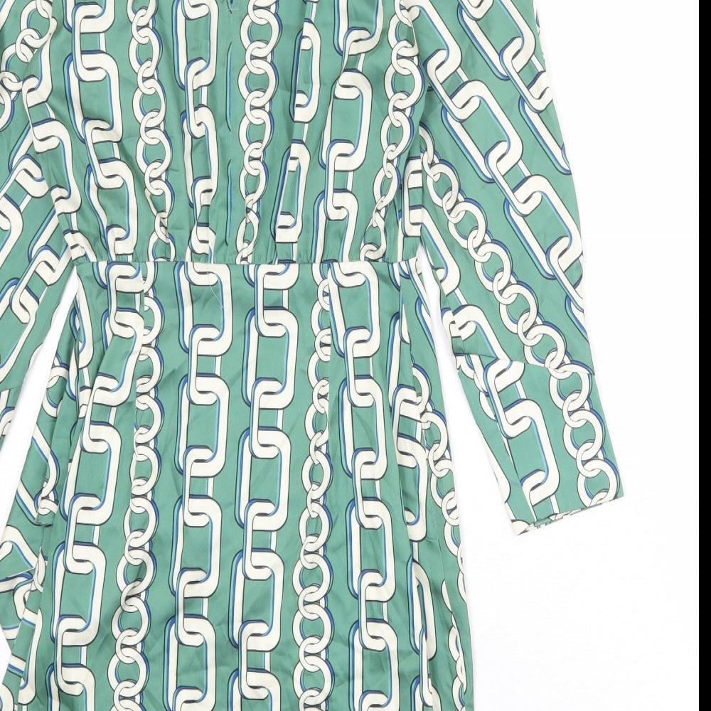 Zara Womens Green Geometric Polyester A-Line Size XS V-Neck Zip
