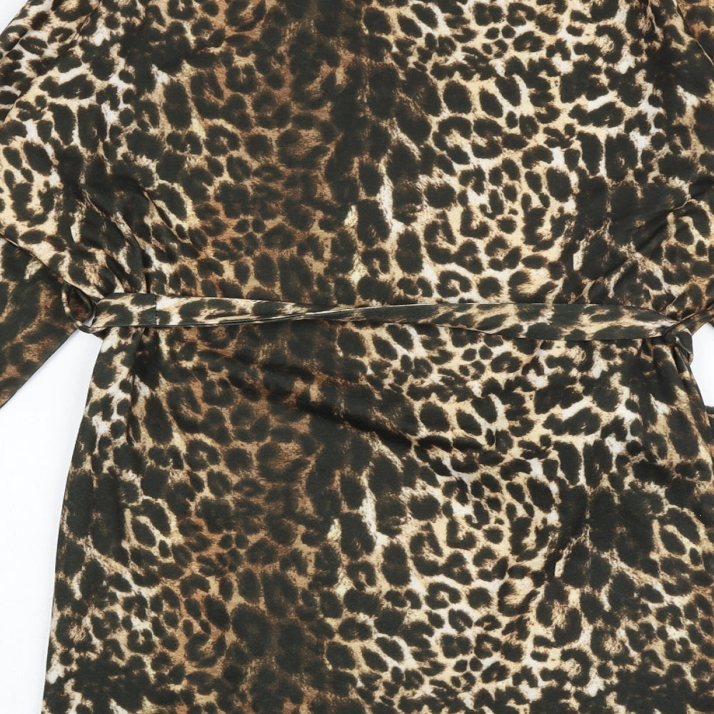 PRETTYLITTLETHING Womens Multicoloured Animal Print Polyester Fit & Flare Size 6 Mock Neck Tie - Leopard Print