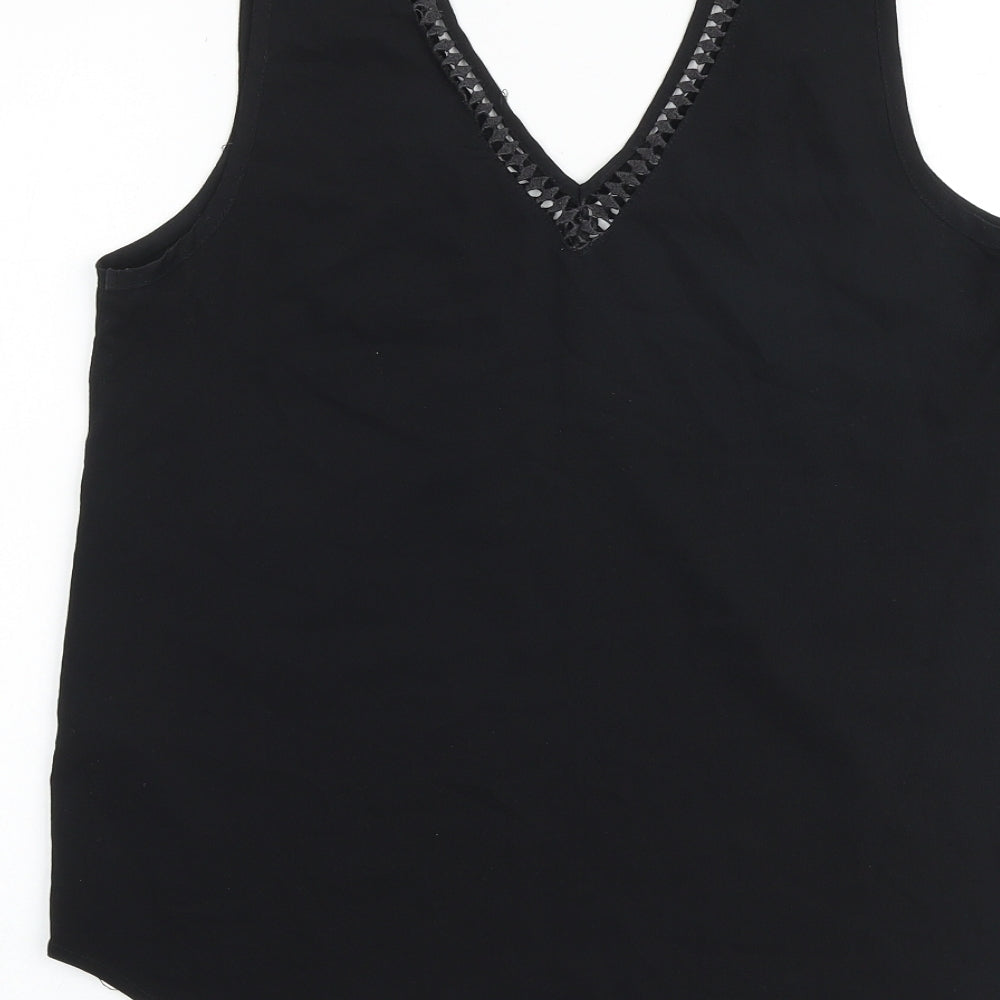 Brand and care label for ASOS women’s black polyester basic tank, size UK 10, v-neck