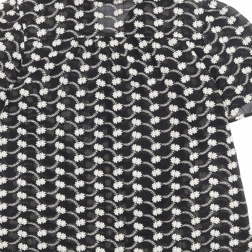 Marks & Spencer Womens Black Floral Polyester Basic Button-Up Size 8 Collared