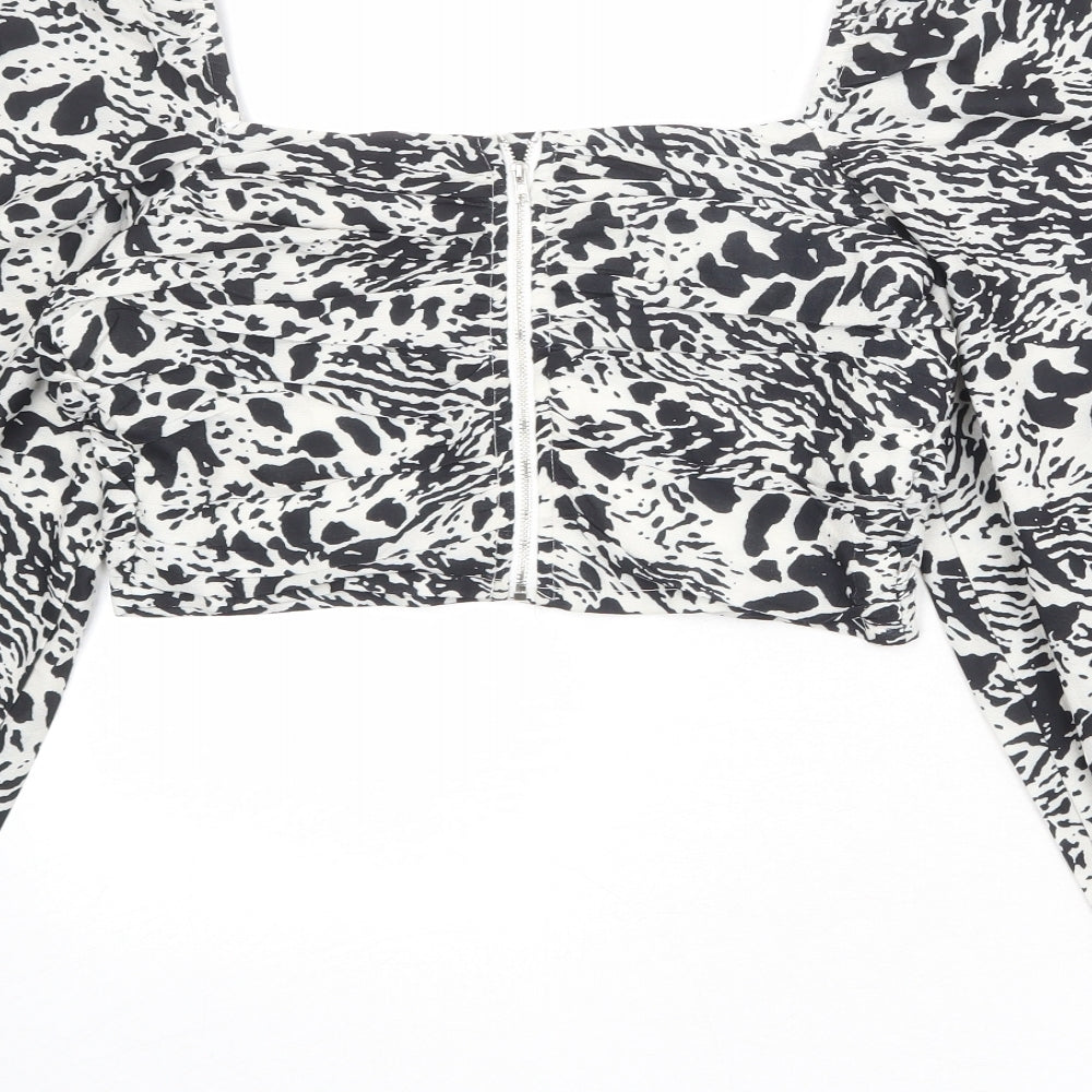 In the Style Womens Ivory Animal Print Polyester Cropped Blouse Size 10 Square Neck