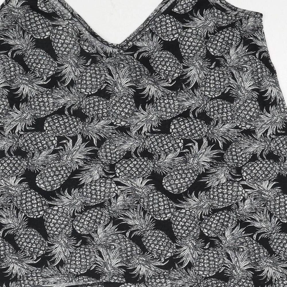 H&M Womens Black Geometric Polyester Basic T-Shirt Size S V-Neck - Pineapple