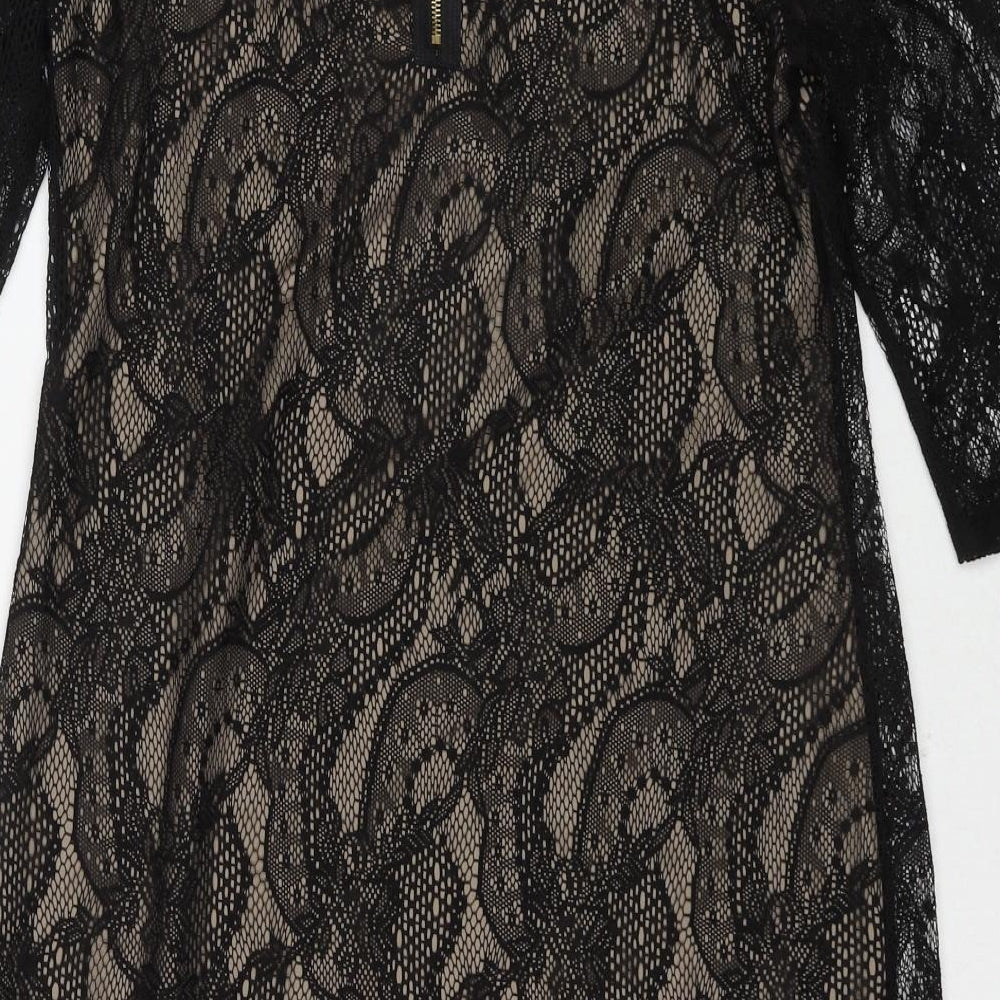 First Avenue Womens Black Geometric Polyester A-Line Size 10 Round Neck Zip