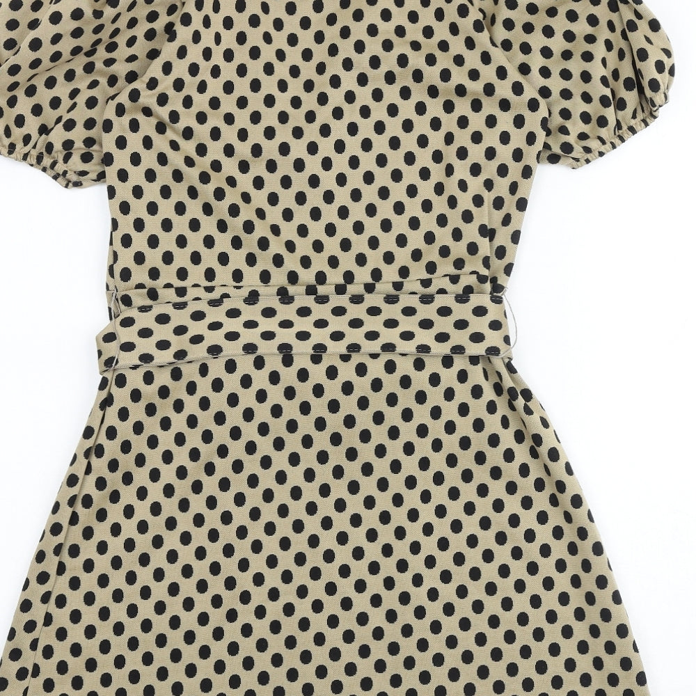 Zara Womens Brown Polka Dot Polyester A-Line Size S V-Neck Buckle