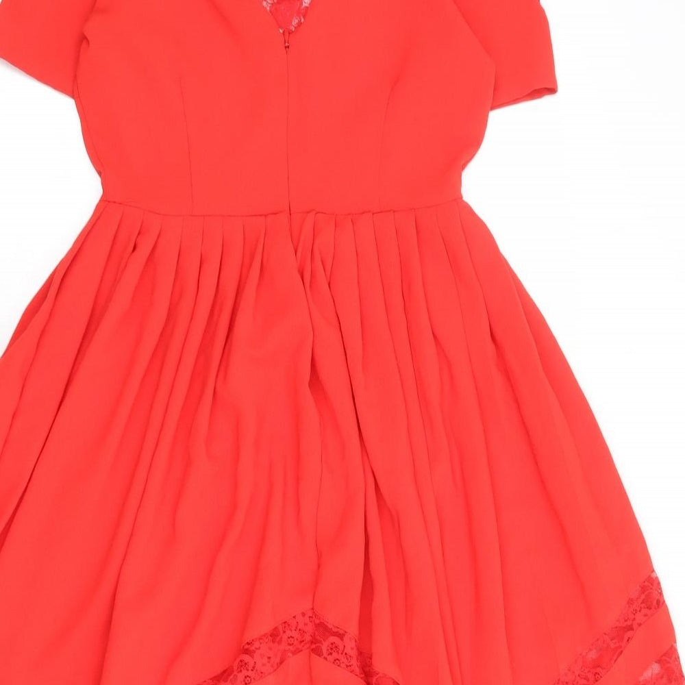 ASOS Womens Red Polyester A-Line Size 10 Round Neck Zip - Lace Details