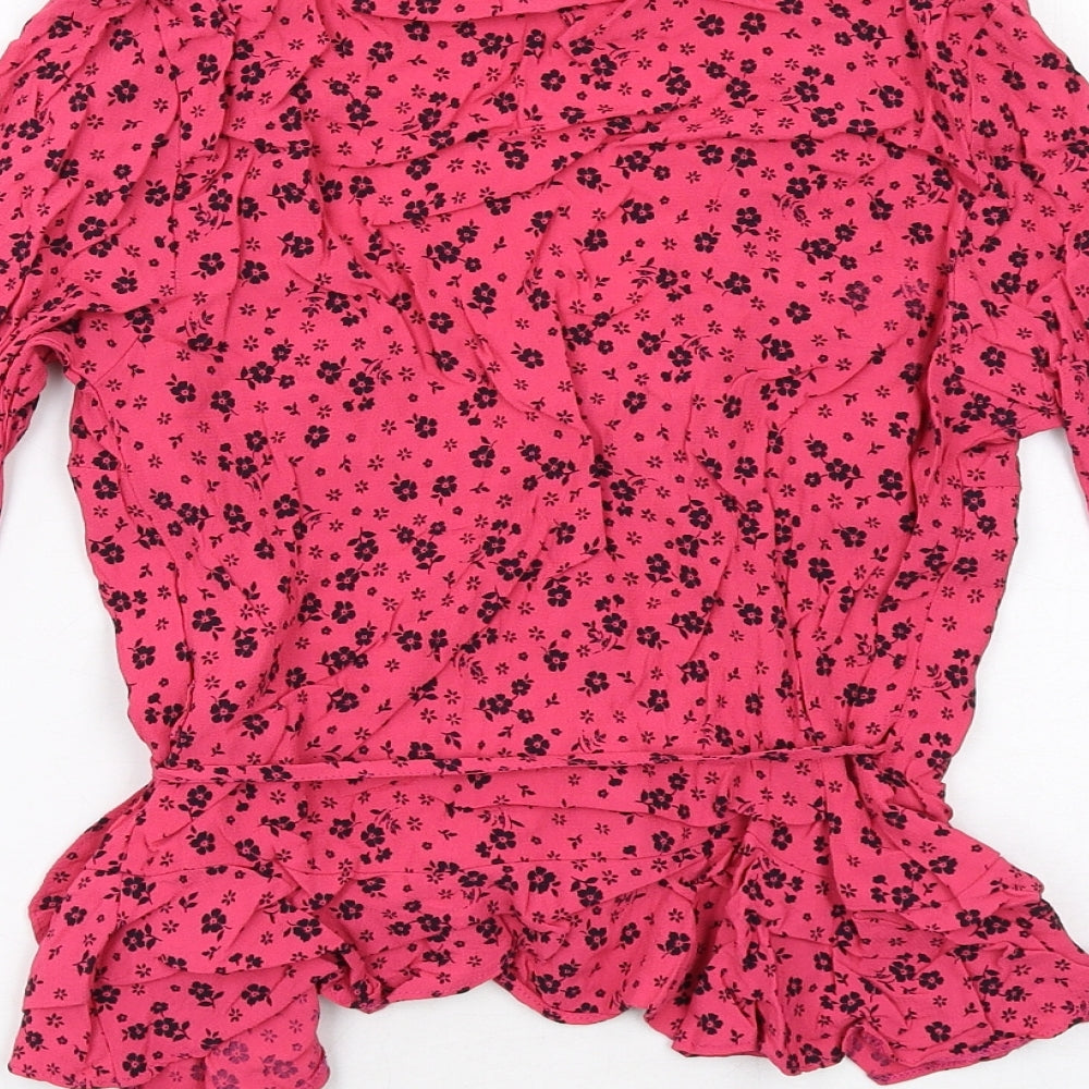 New Look Womens Pink Floral Viscose Wrap Blouse Size 10 V-Neck