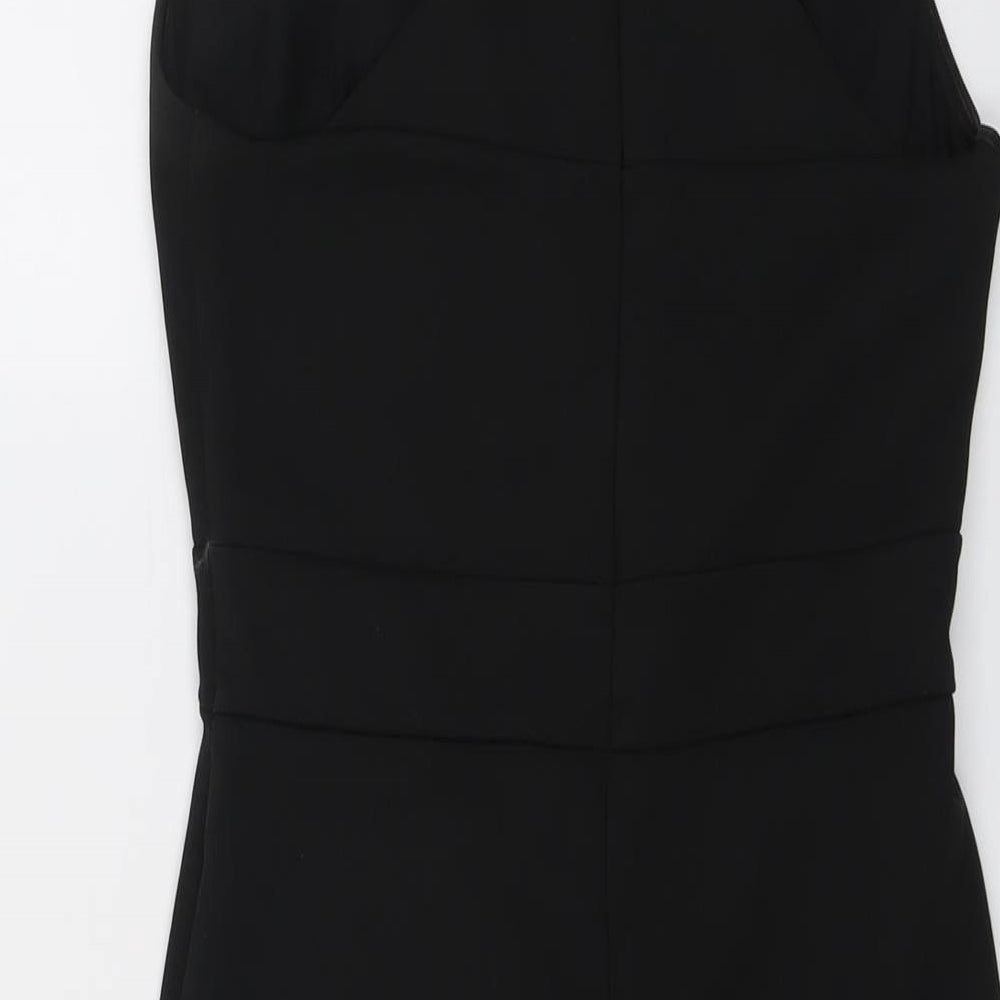 Brand and care label for ASOS women’s black polyester bodycon, size UK 10, v-neck zip