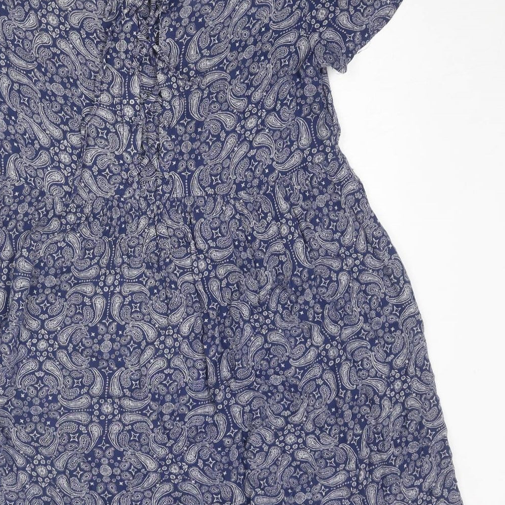 Divided by H&M Womens Blue Geometric Viscose A-Line Size 10 Round Neck Lace Up