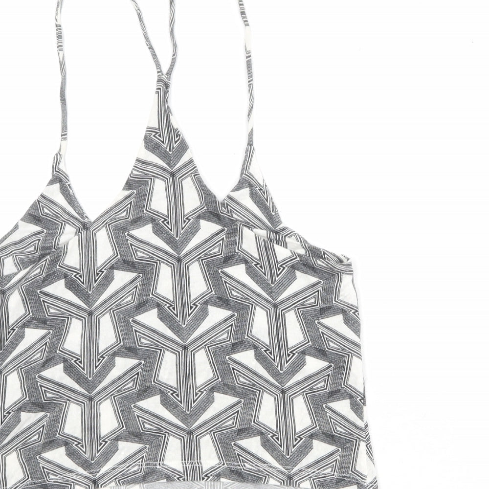 Topshop Womens White Geometric Viscose Cropped Tank Size 6 Round Neck