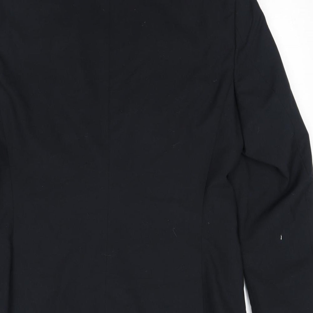 Brand and care label for ASOS men’s black polyester jacket suit jacket, size 40, regular