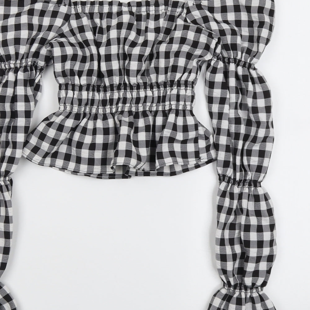 H&M Womens Black Check Polyester Cropped Blouse Size 2XS Square Neck - Puff Sleeve
