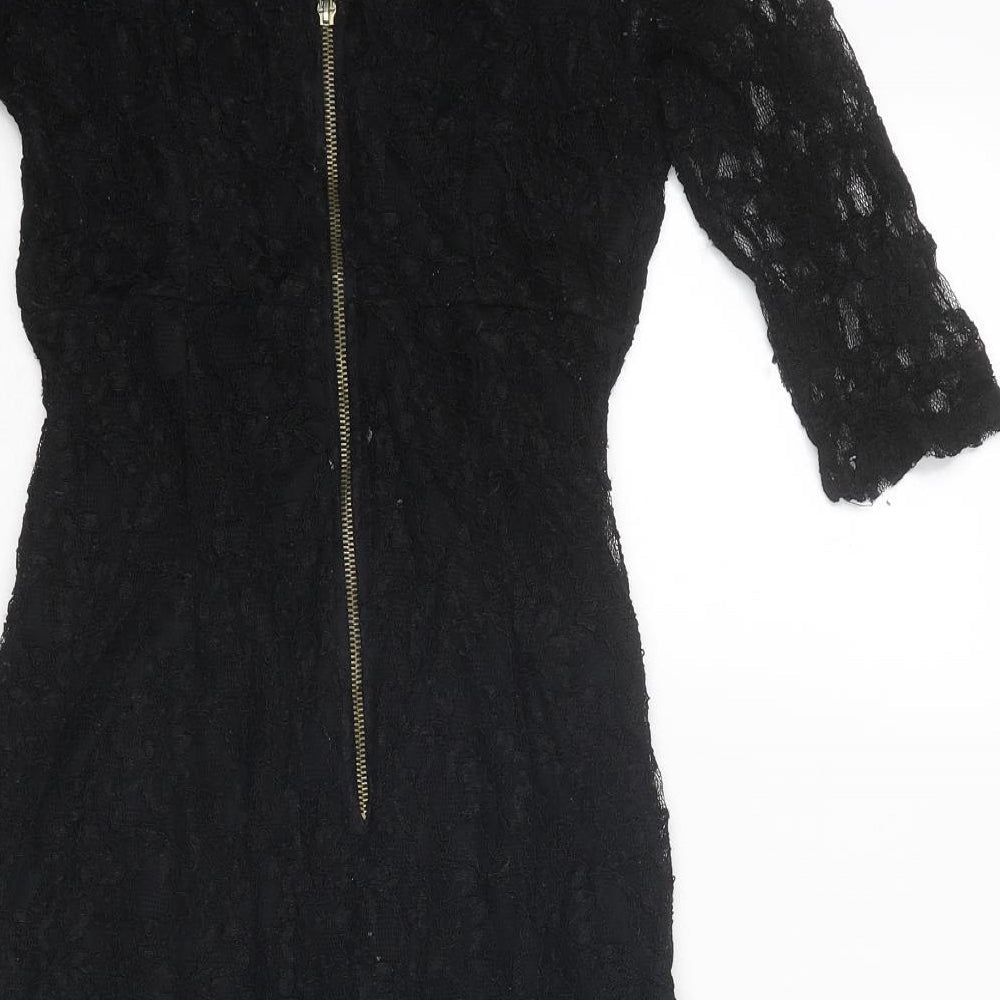 Warehouse Womens Black Floral Viscose A-Line Size 10 Round Neck Zip