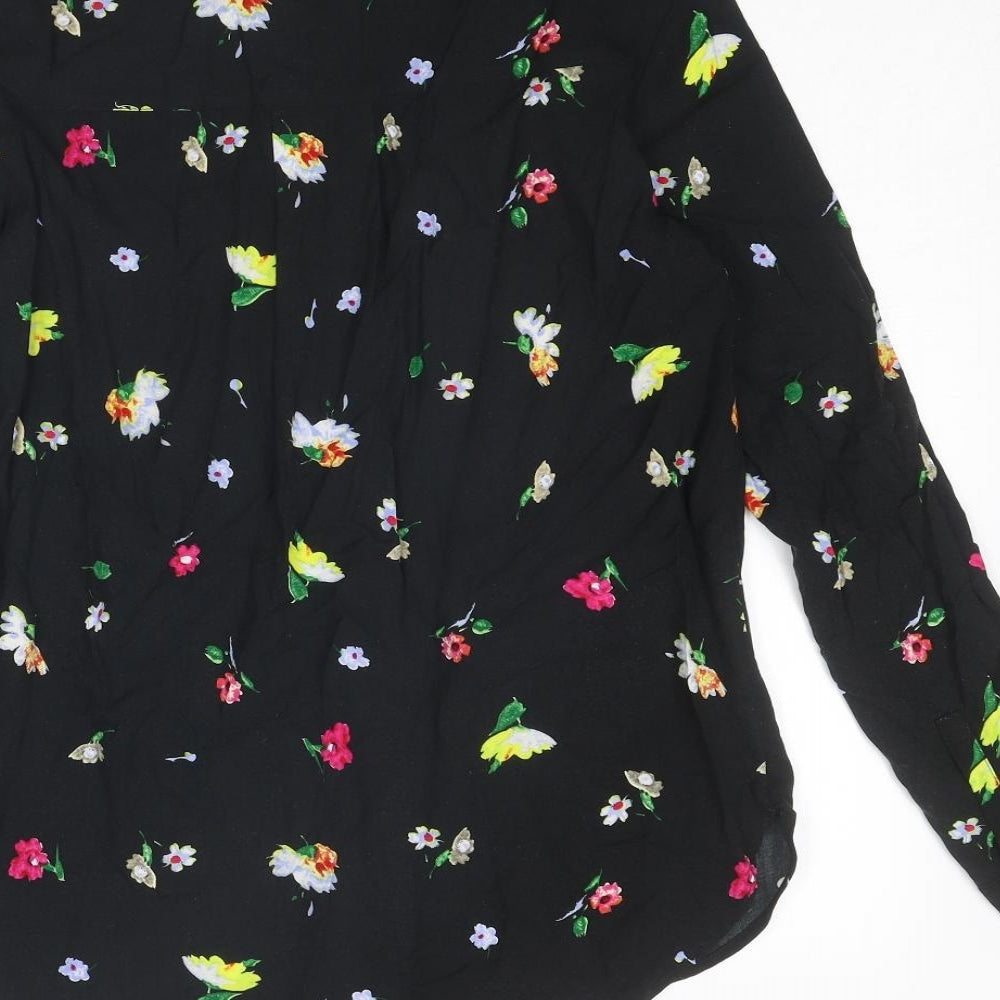 Warehouse Womens Black Floral Viscose Basic Button-Up Size 8 Collared