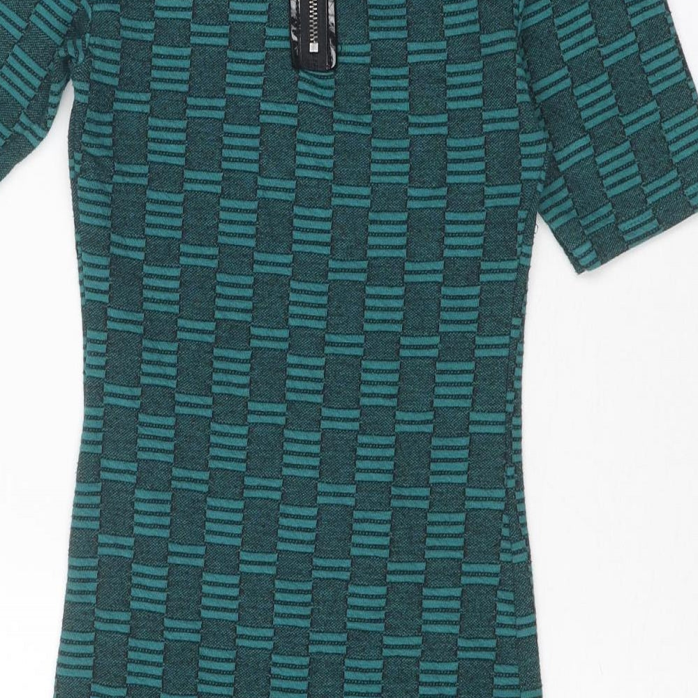 Topshop Womens Green Check Polyester A-Line Size 8 Round Neck Zip