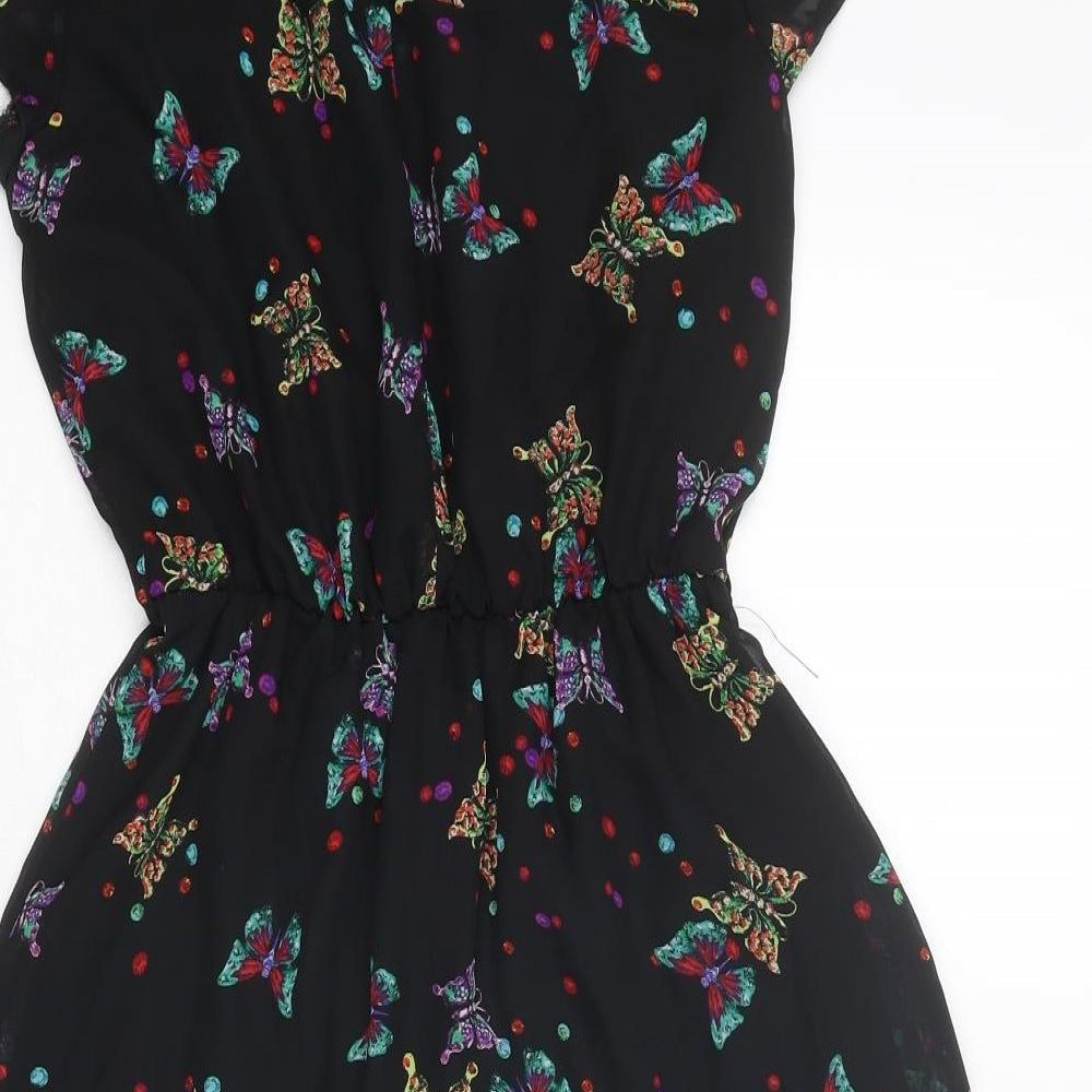 New Look Womens Black Geometric Polyester A-Line Size 8 Collared Button - Butterfly Pattern