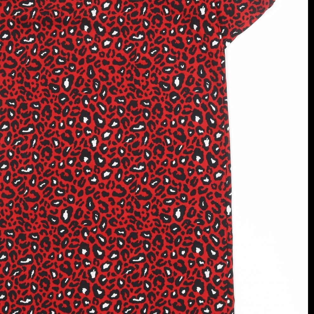 VILA Womens Red Animal Print Polyester T-Shirt Dress Size S Round Neck Button - Leopard pattern