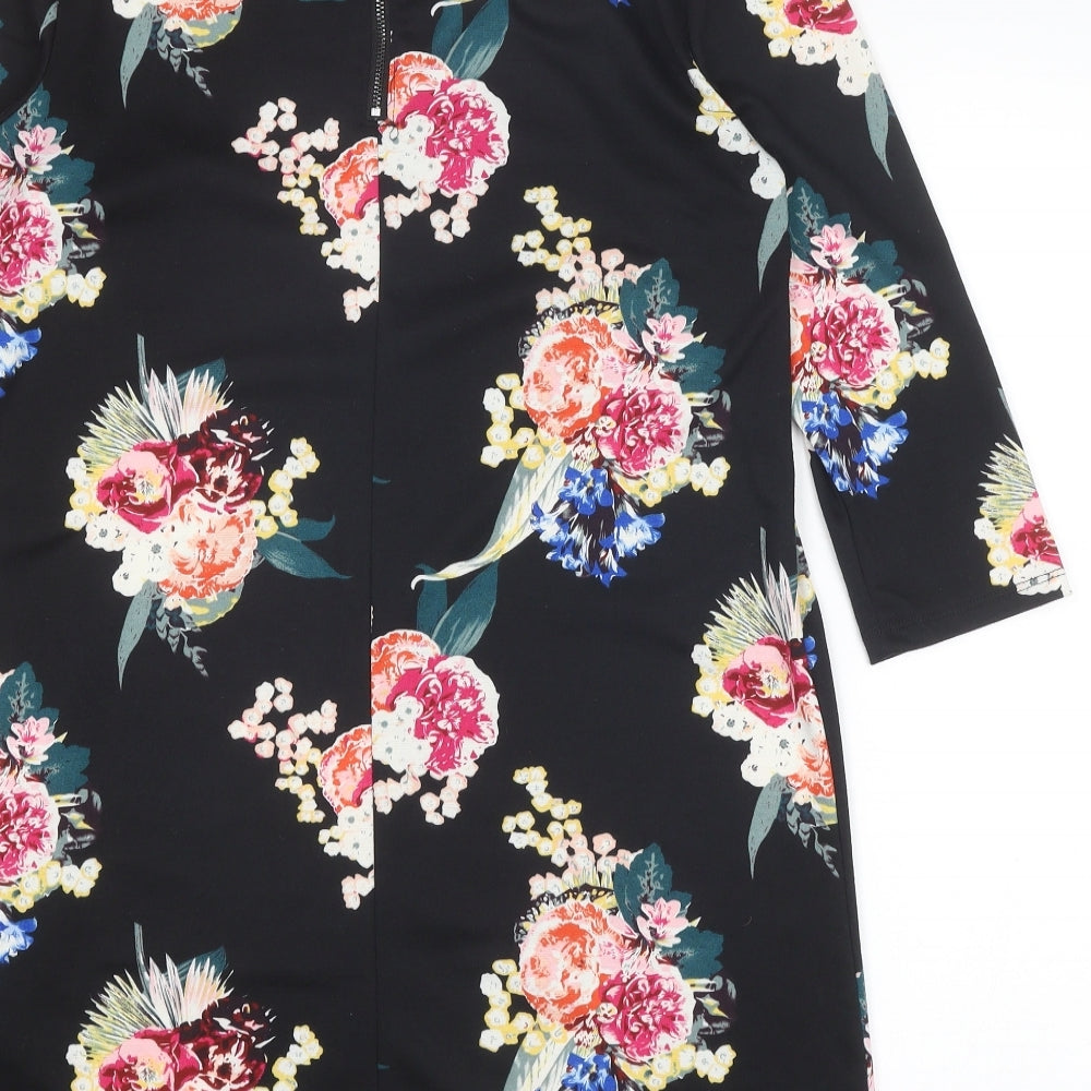 H&M Womens Black Floral Cotton Shift Size S Boat Neck Zip