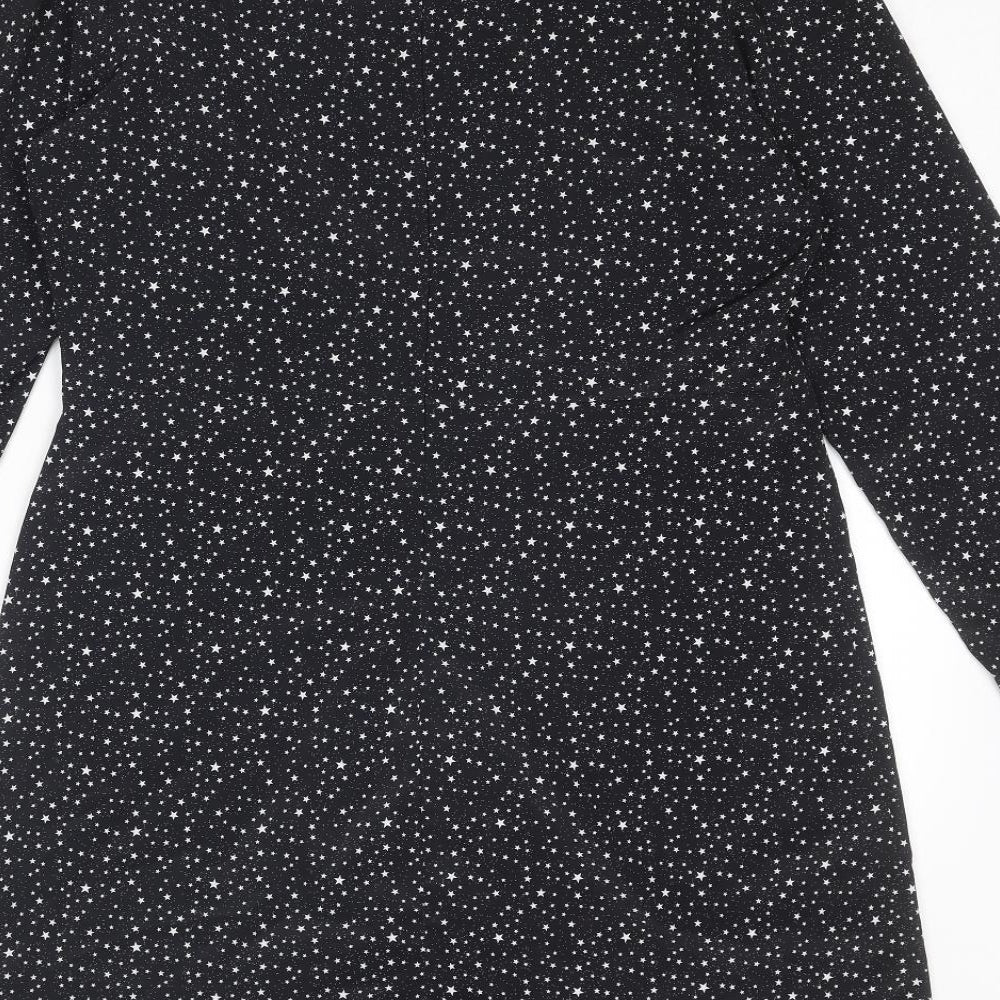 Next Womens Black Geometric Polyester T-Shirt Dress Size 12 Round Neck Zip - Star Print