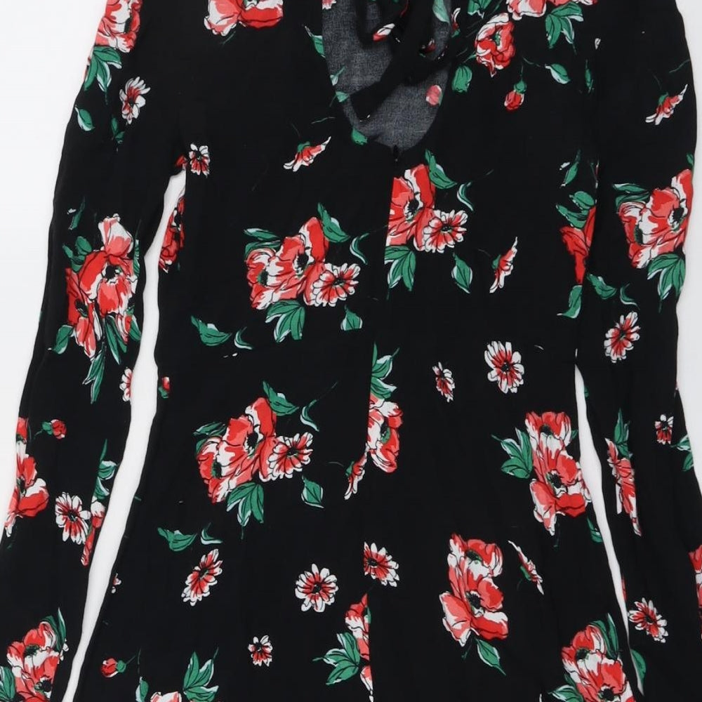 ASOS Womens Black Floral Viscose A-Line Size 8 Round Neck Zip