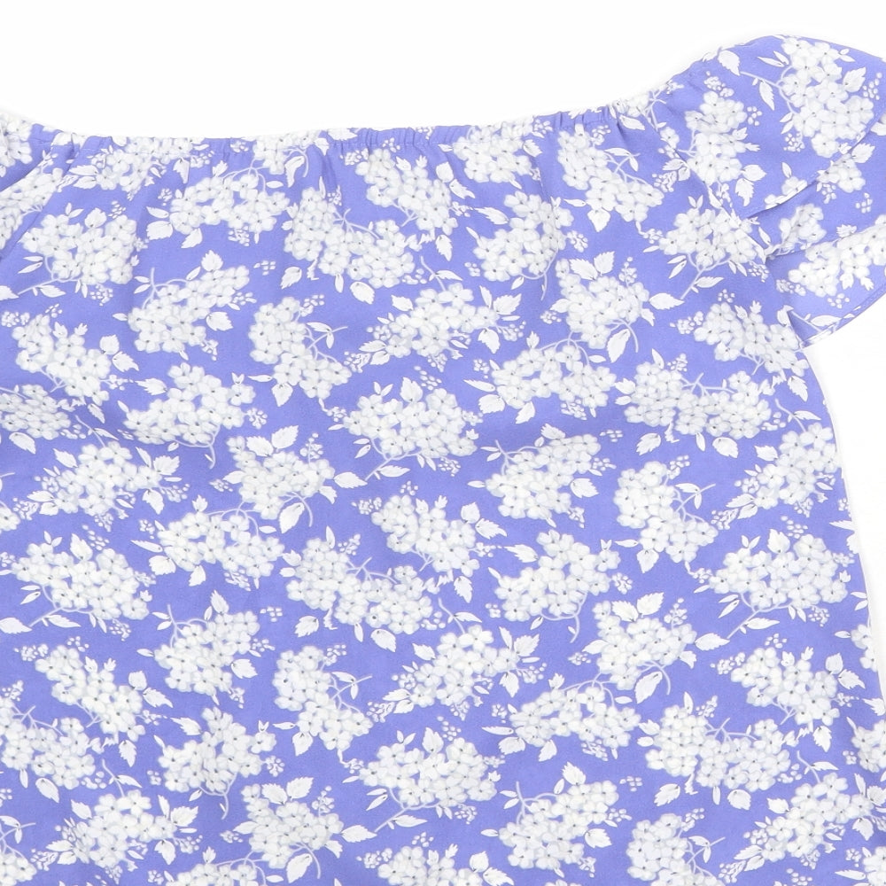 Oasis Womens Blue Floral Polyester Basic Blouse Size 8 Off the Shoulder
