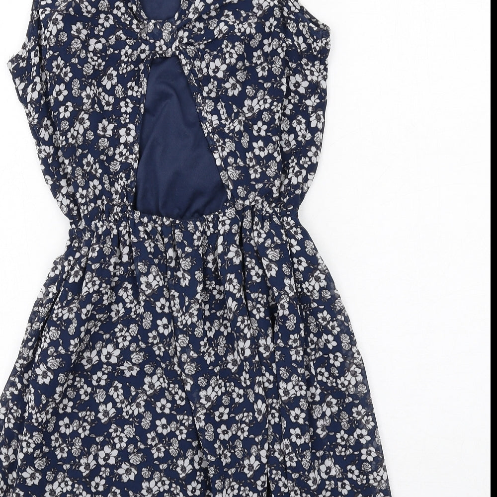 H&M Womens Blue Floral Polyester A-Line Size 10 Round Neck Pullover