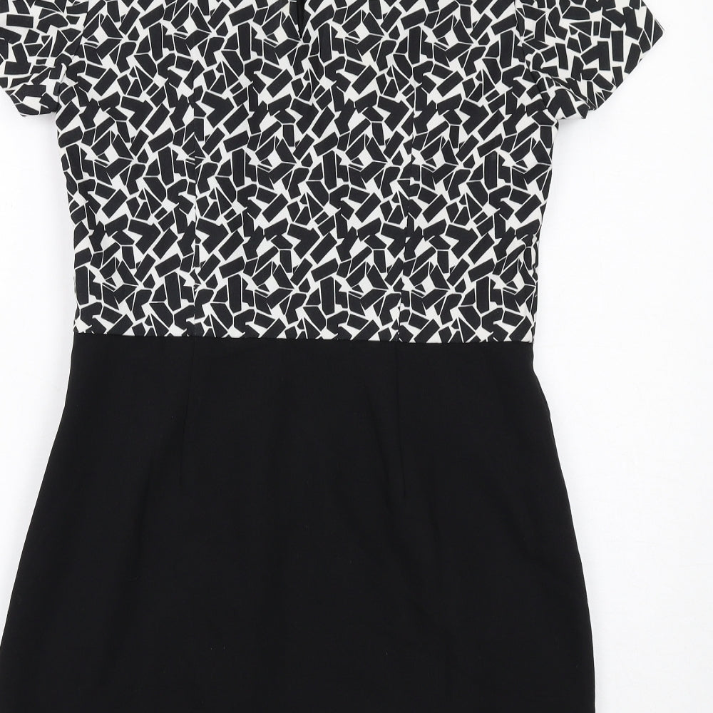 New Look Womens Black Geometric Polyester Shift Size 12 Round Neck Zip