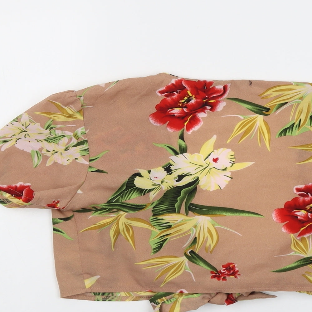 Jeuvre Womens Beige Floral Polyester Cropped Blouse Size 8 V-Neck - Tie Front