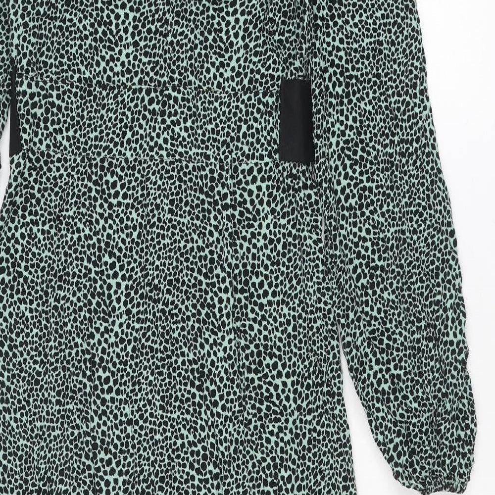 Miss Selfridge Womens Blue Animal Print Viscose A-Line Size 6 V-Neck Button - Cheetah pattern