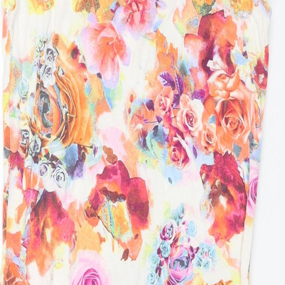 Brand and care label for Miss Selfridge women’s multicoloured floral viscose bodycon, size UK 10, scoop neck pullover