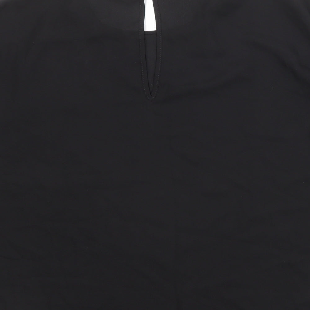 Brand and care label for ASOS women’s black polyester basic blouse, size UK 8, round neck