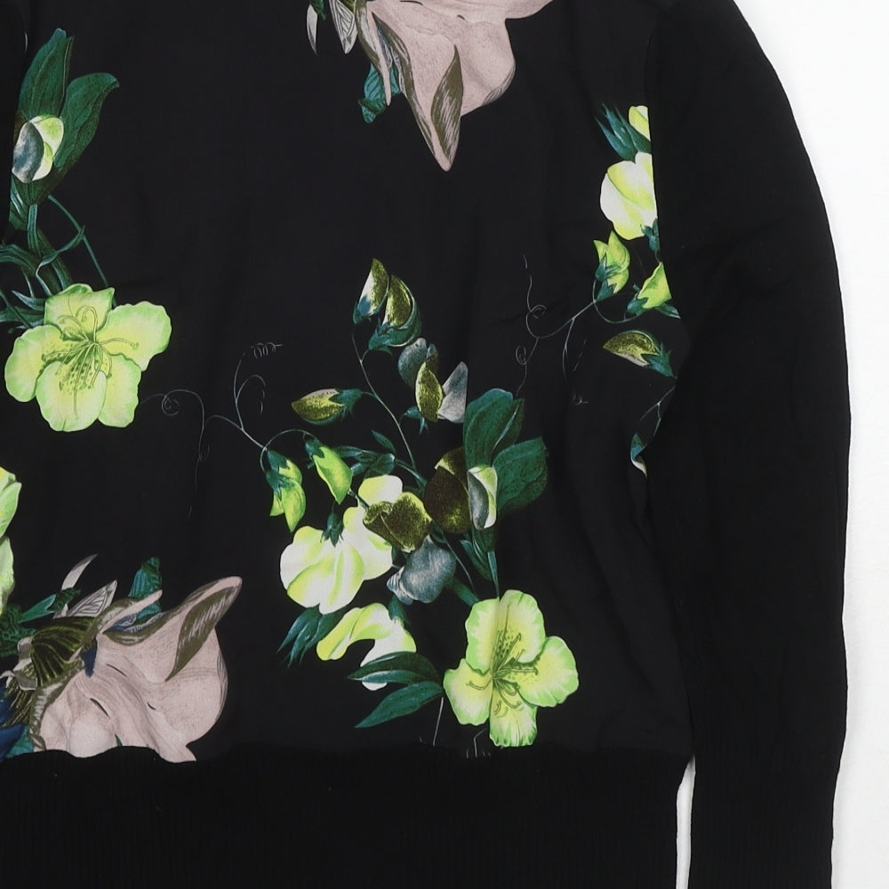Debenhams Womens Black V-Neck Floral Viscose Full Zip Jumper Size 10