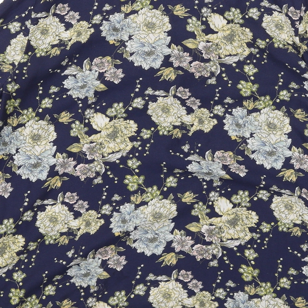 H&M Womens Blue Floral Polyester Basic Blouse Size 8 Boat Neck