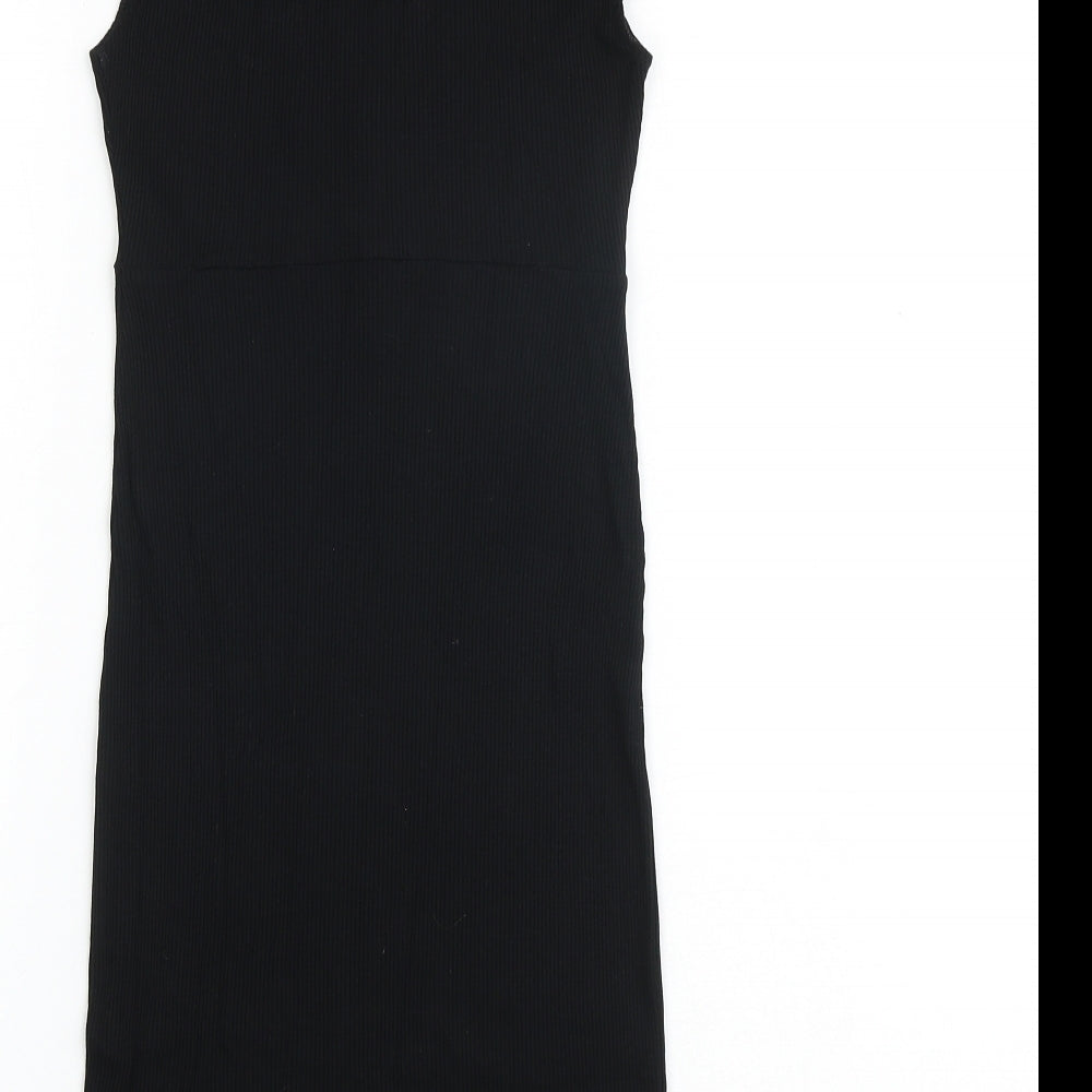 Brand and care label for Miss Selfridge women’s black polyester a-line, size UK 10, v-neck pullover