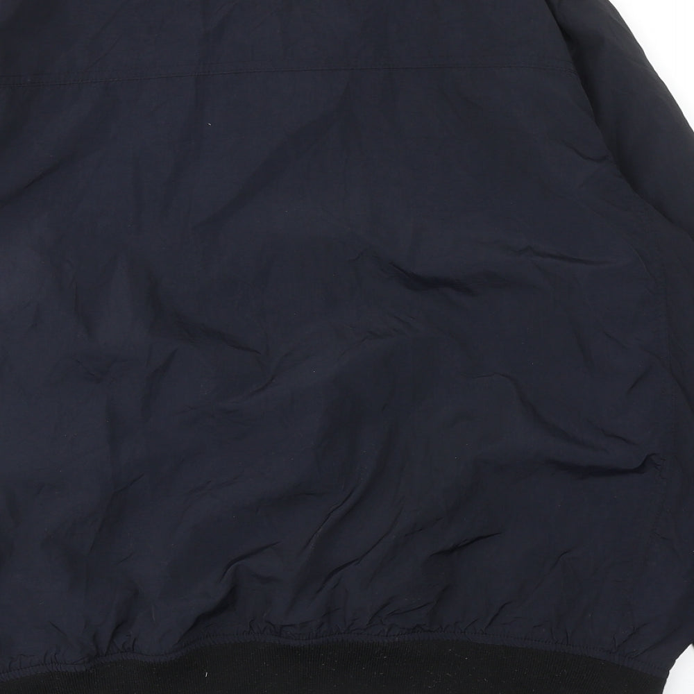 Brand and care label for ASOS men’s blue bomber jacket jacket, size L, zip